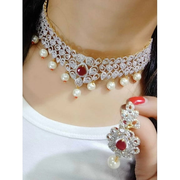 American Diamond Bollywood Short Necklace Set – Indian Pakistani Silver Plated with Ruby CZ Stones & Floral Drop Earrings Jewelry Set