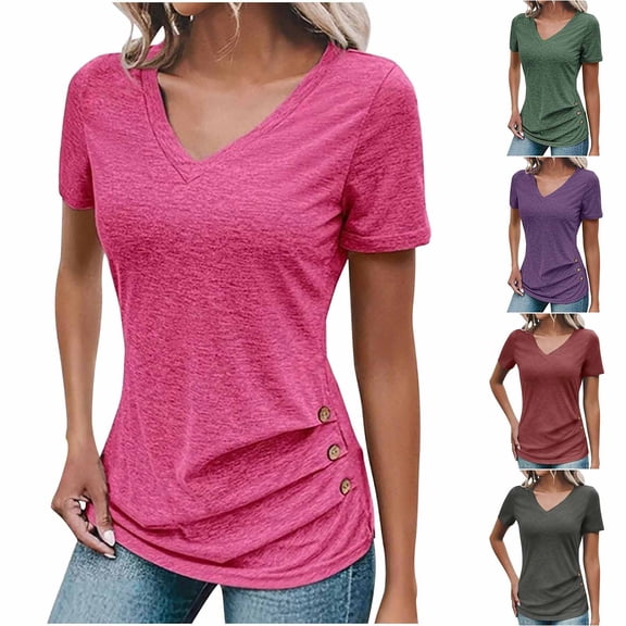 SEMPAI Women's Casual V-Neck Short Sleeve Button T-Shirt with Side Ruffle Summer Party