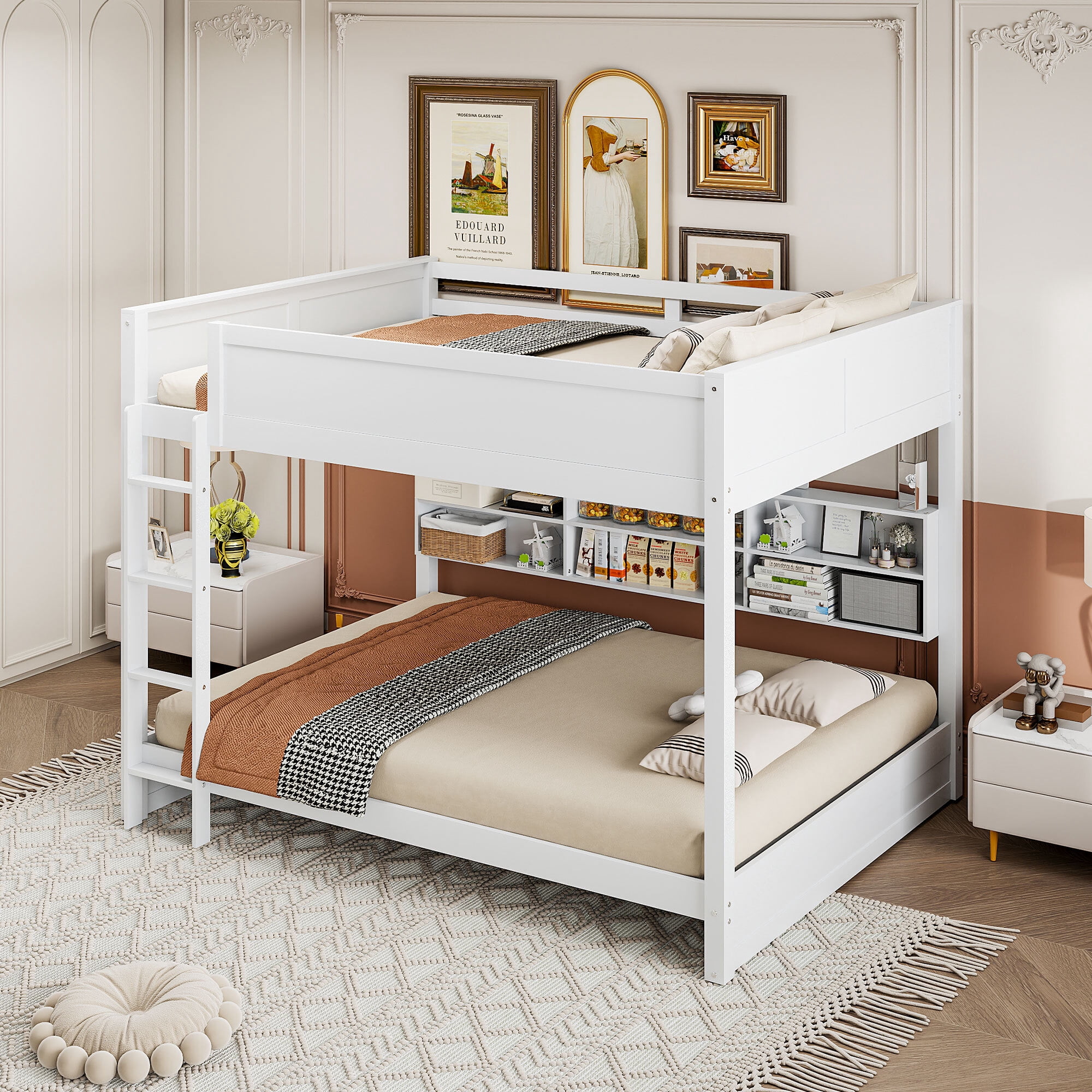 Euroco Wood Queen over Queen Bunk Bed with Bookcase, Shelves and USB Charging Station for Kids Teens, White