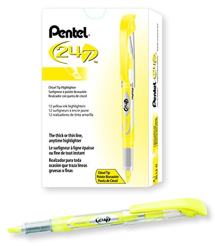 Pentel SL12G 24/7 Highlighter, Chisel Tip, Bright Yellow Ink (Pack of 12)