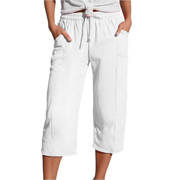 ABATAB Womens Capri Pants Casual Summer Cotton Linen Capris Drawstring Elastic Waisted Wide Leg Cropped Trouser