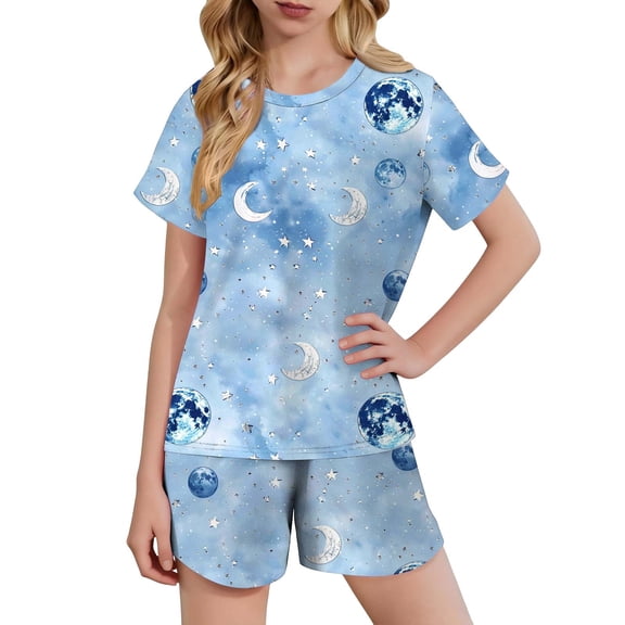 DJDLJWCJ Teen Girls 2 Piece Outfit Girls Casual T Shirts Graphic Printed and Lightweight Stretch Soft Shorts Sets Blue Size 11