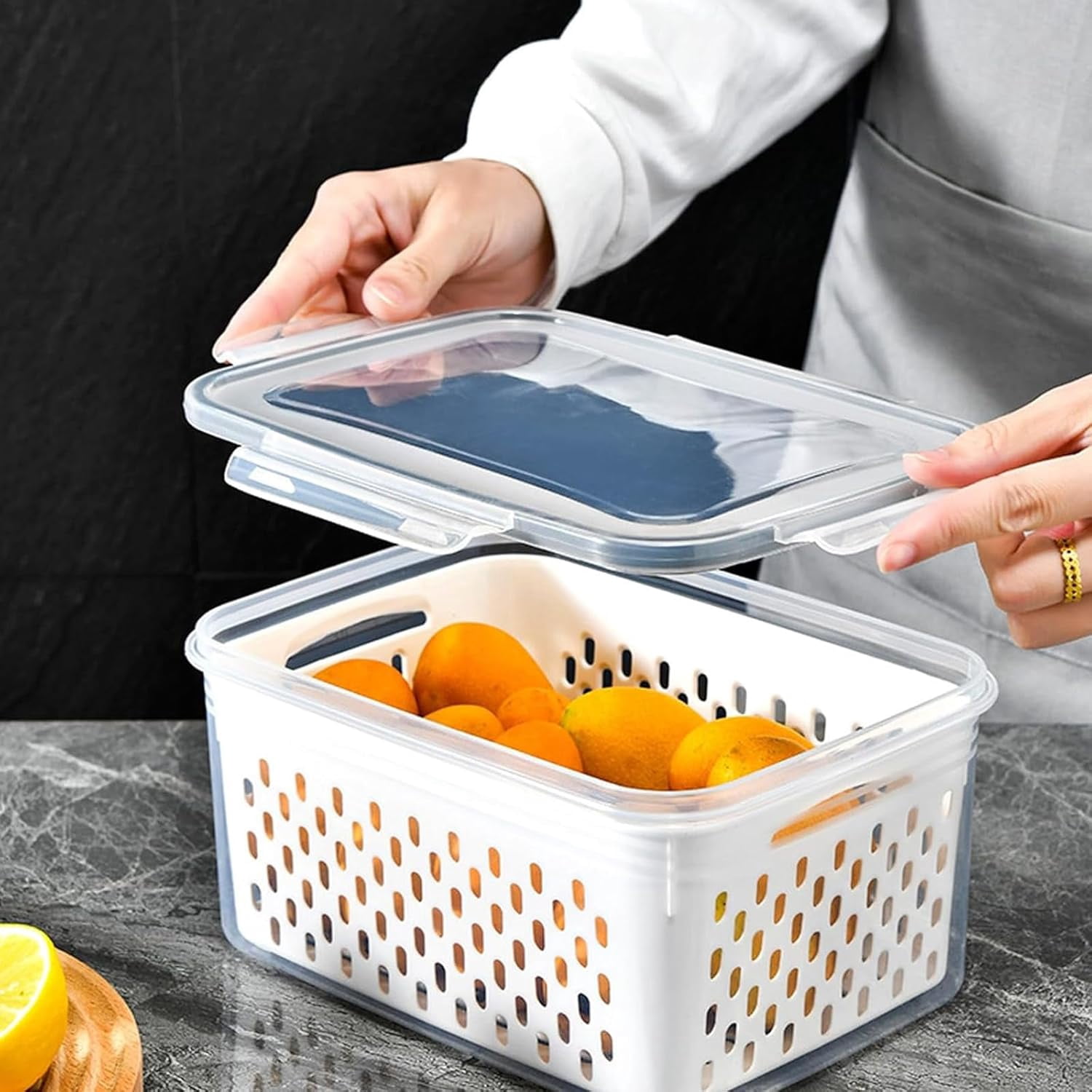 4 In 1 Food Storage Container, Premium Transparent Plastic Food Storage Box With Drain Basket – Multifunctional Airtight Container For Vegetables & Kitchen Organization