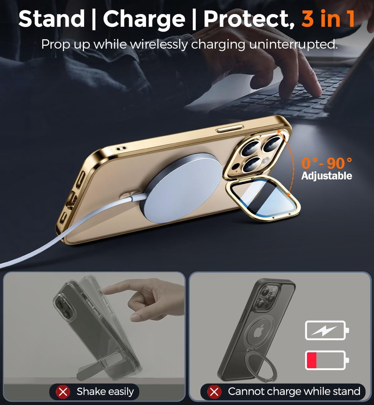 JETeacka Magnetic for iPhone 14 Pro Case with Camera Kickstand Lens Protection Compatible with MagSafe Shockproof Electroplated Bumper, Luxury Gold