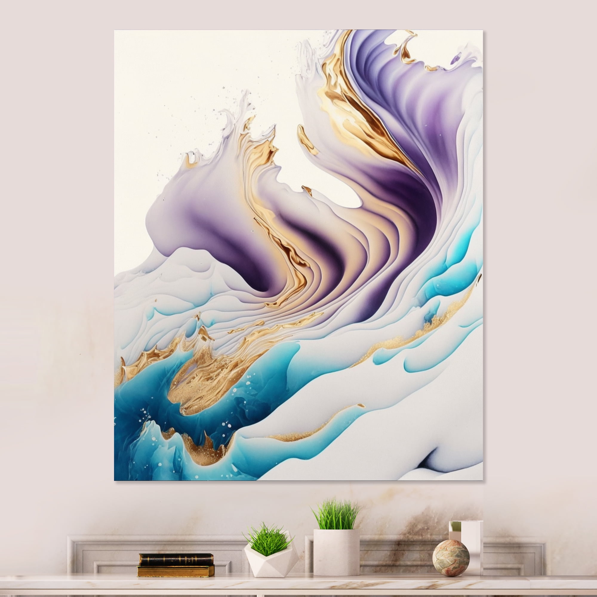 Designart Blue, Gold And Purple Abstract Waves I Canvas Wall Art
