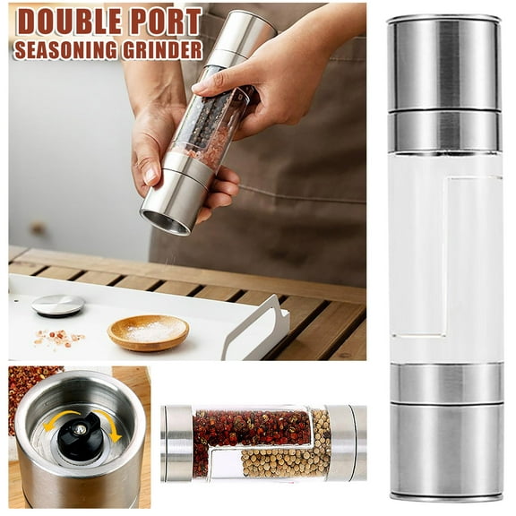 Double Head Pepper Grinder Set, Manual Pepper Mill, Refillable Spice Grinder, Stainless Steel, for Kitchen, Dining Table, or Camping, Black, by FAJHHA