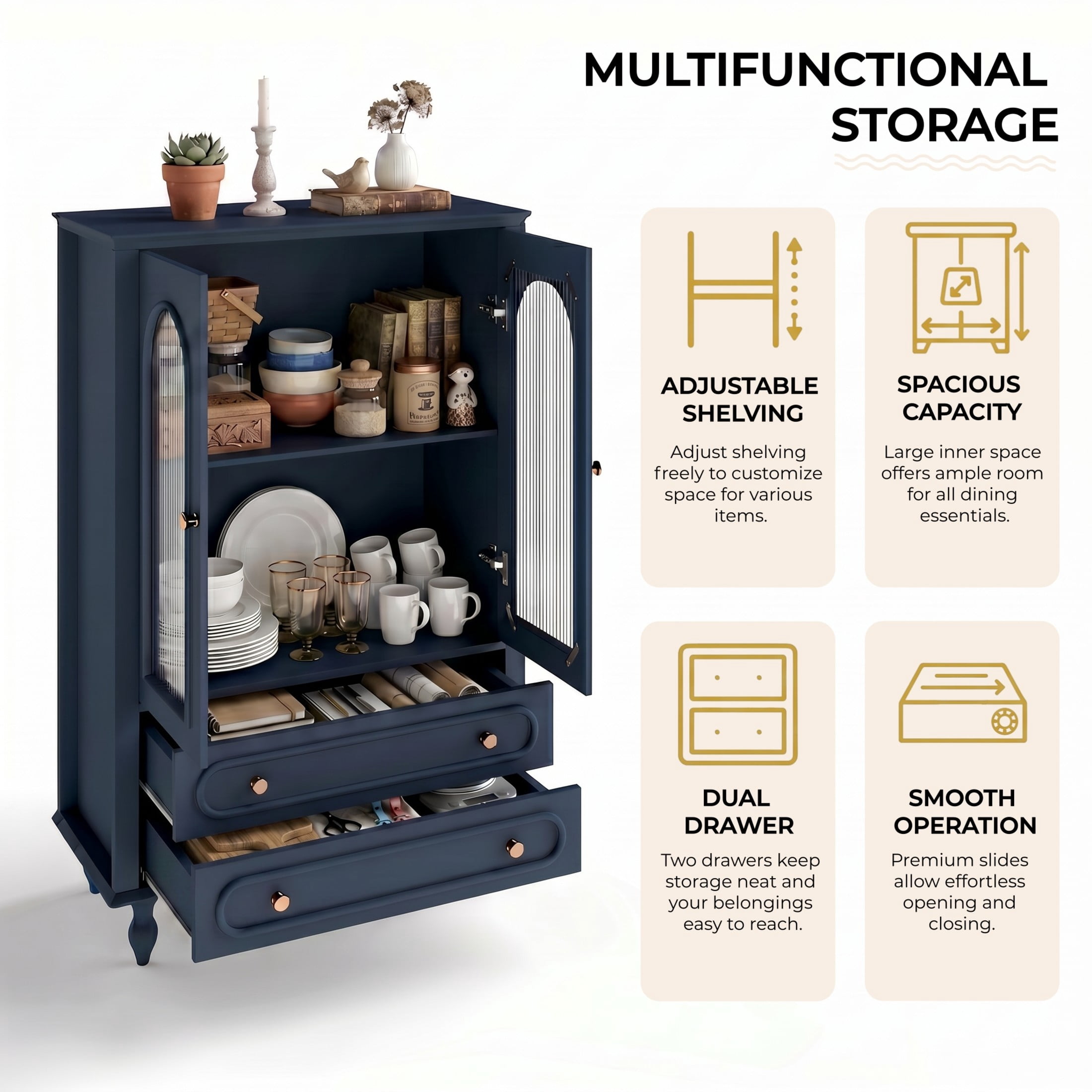 Noble House 46.5" Wooden Glass Display Cabinet with Ribbed Glass Doors, Adjustable Shelf & Storage Drawers, Navy Blue