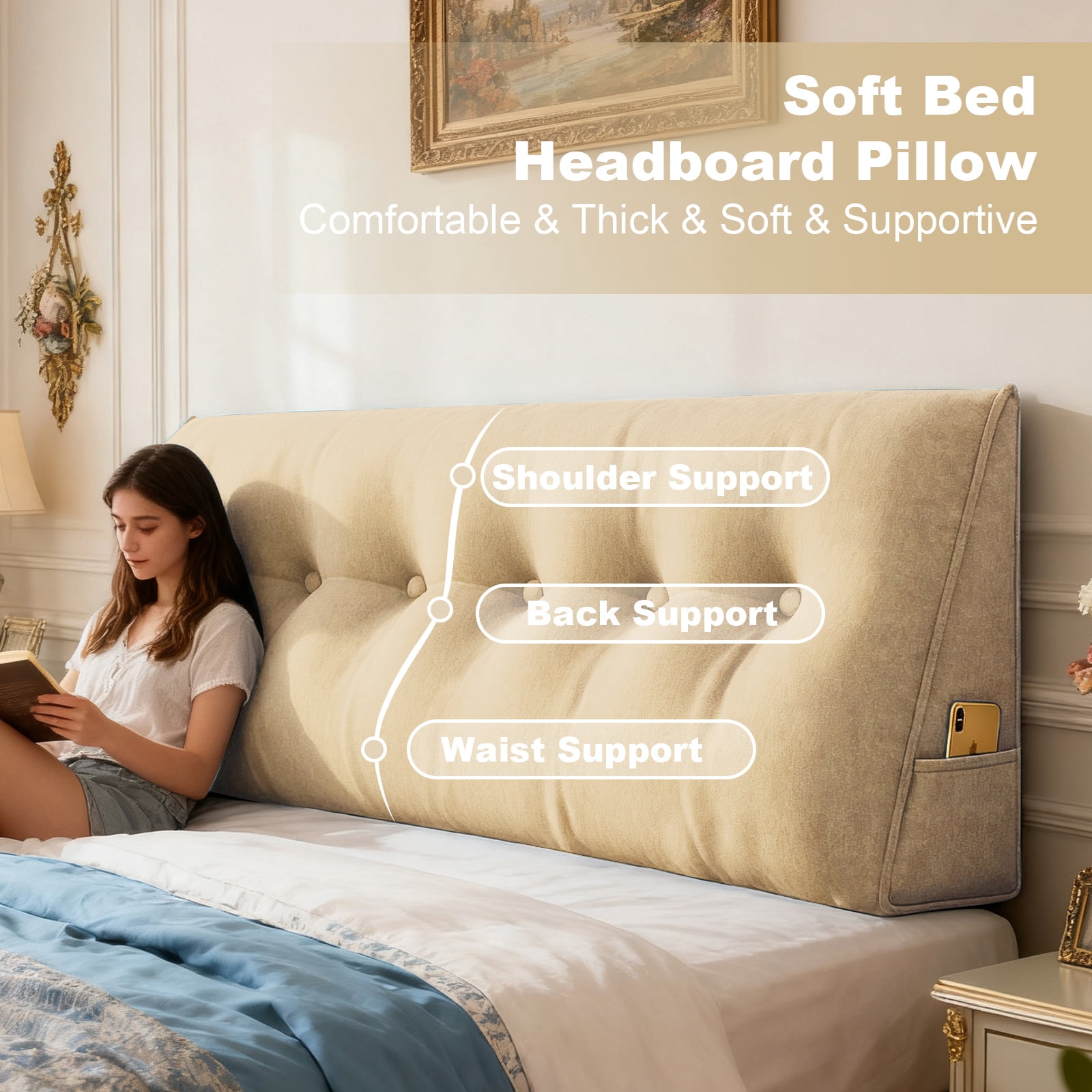 ANMINY Soft Fleece Headboard Pillow - High Elastic Pearl Cotton Filling, Removable Cover, Side Pocket, Ideal for Bed & Sofa Back Support