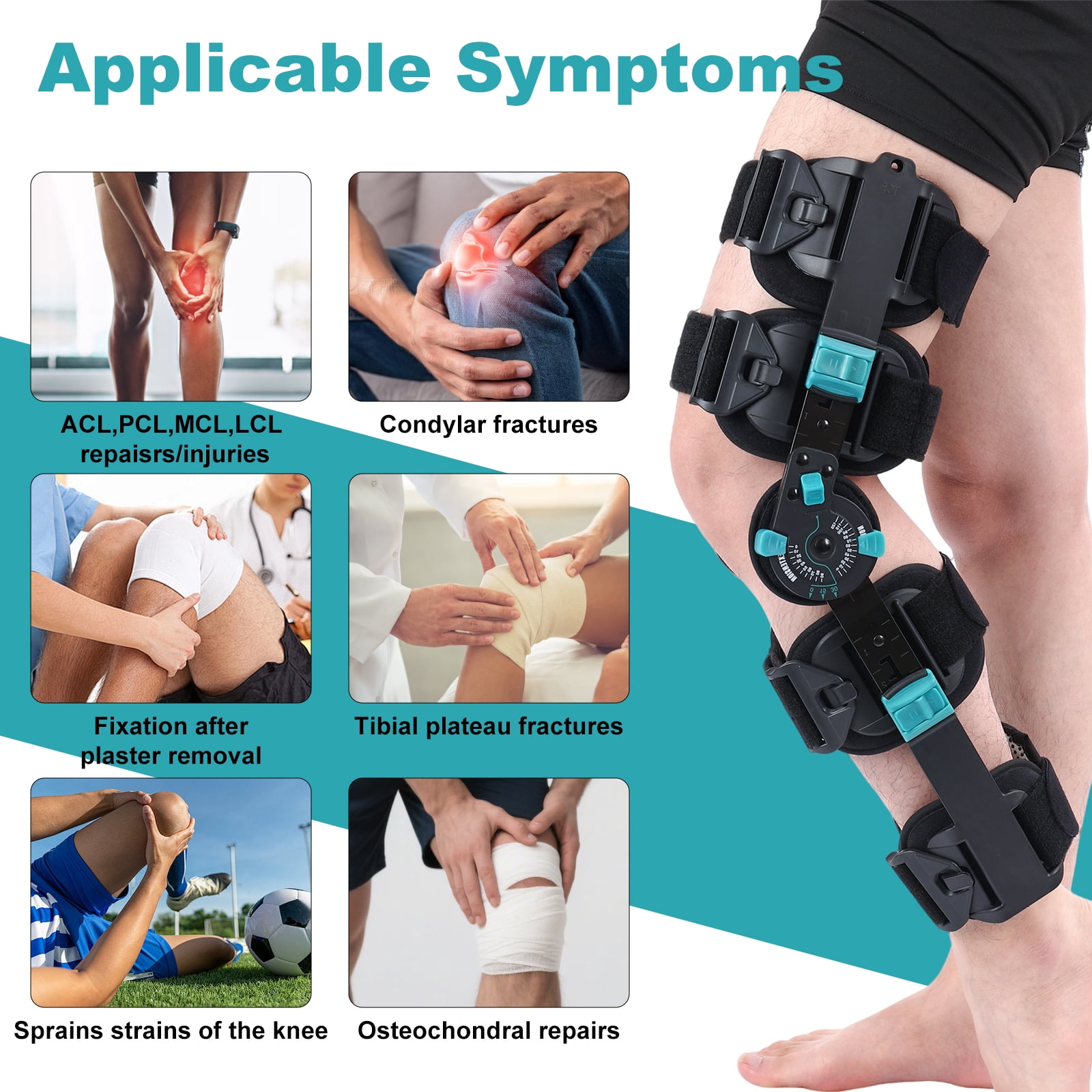 Hinged ROM Knee Brace with Shoulder Strap Post Op Knee Immobilizer Adjustable Knee Support with Side Stabilizers Medical Knee Orthopedic Support for Men and Women, Left or Right Leg