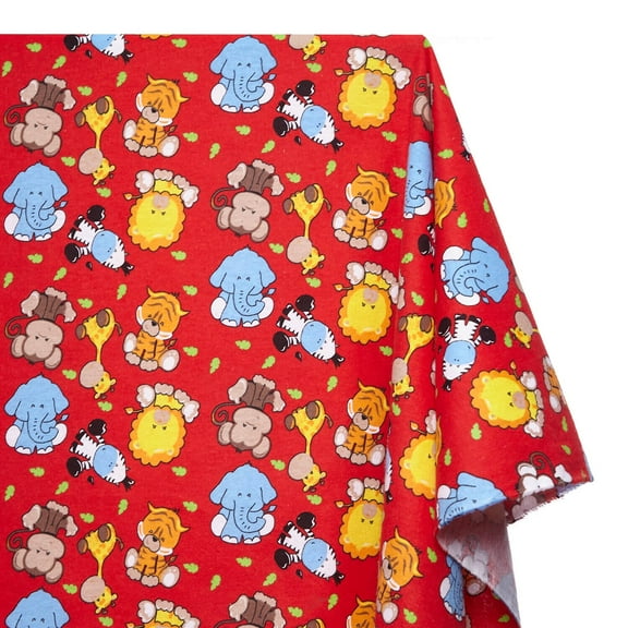 Zoo Animals Printed Hypoallergenic Cotton Flannel 44" Fabric By The Yard - Red