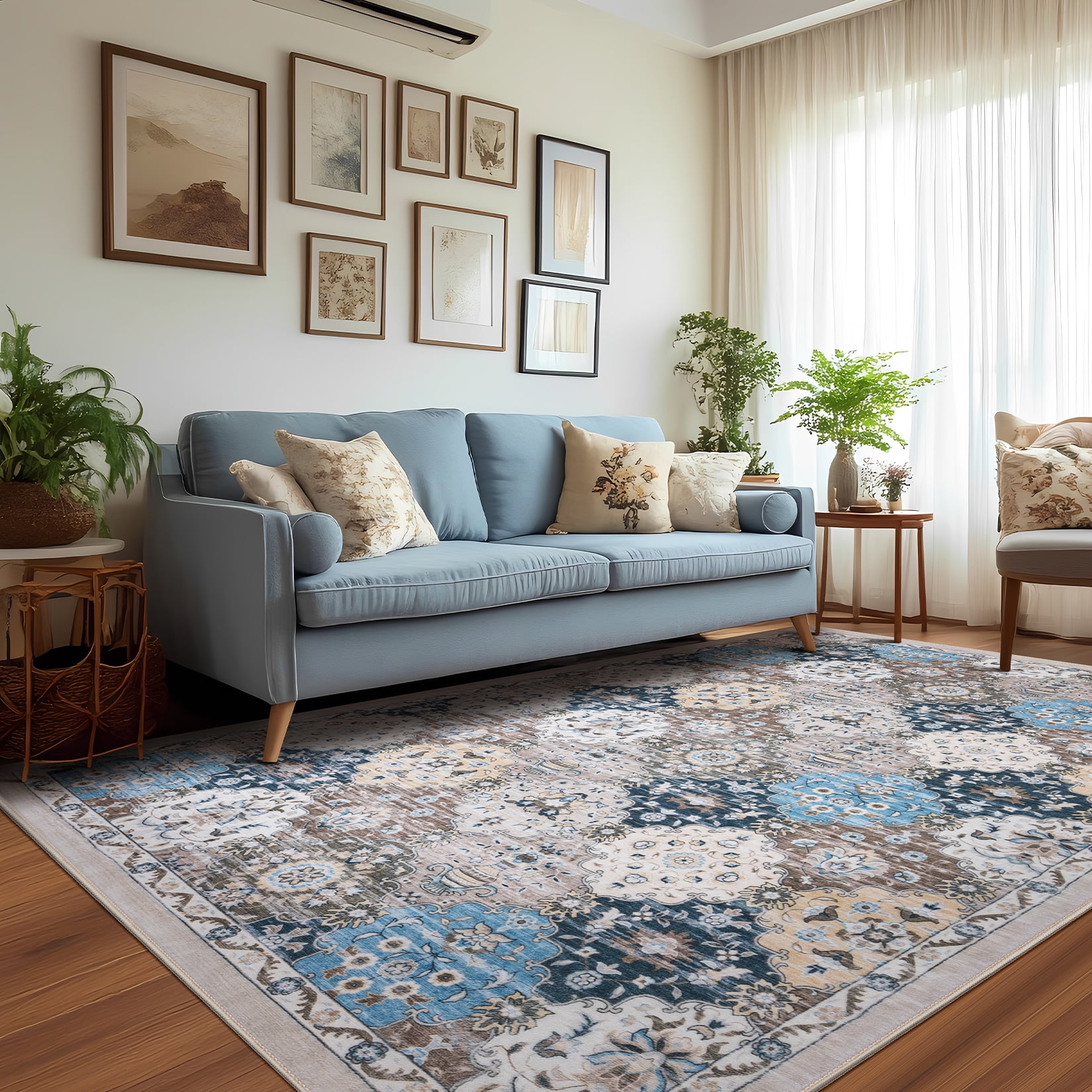 Toyoso 8x10 Area Rug Living Room Rugs - Washable Vintage Floral Soft Thin Large Rug Indoor Floor No Slip Rug Carpet for Bedroom Under Dining Table Home Office Decor - Multi Blue
