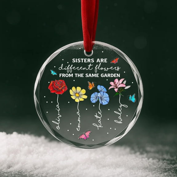 Sisters birth flower glass ornament gift, personalized names, custom birth month floral family Christmas keepsake