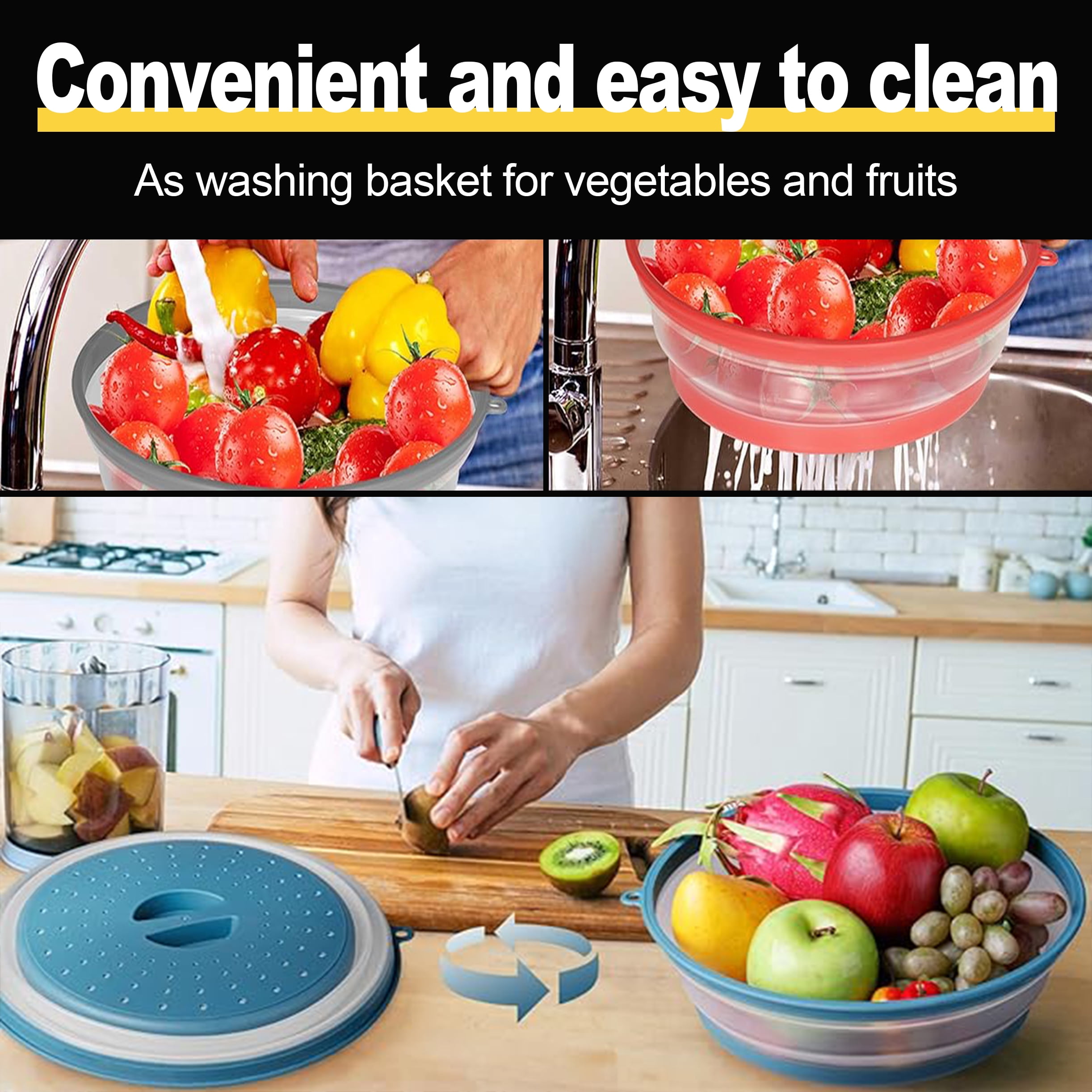 Microwave Splatter Cover Vented for Food, Splatter Guard & Colander Kitchen Gadget for Fruit Vegetables Microwave Plate Cover with Hook Hole,Dishwasher-Safe,BPA-Free Silicone & Plastic （gray）