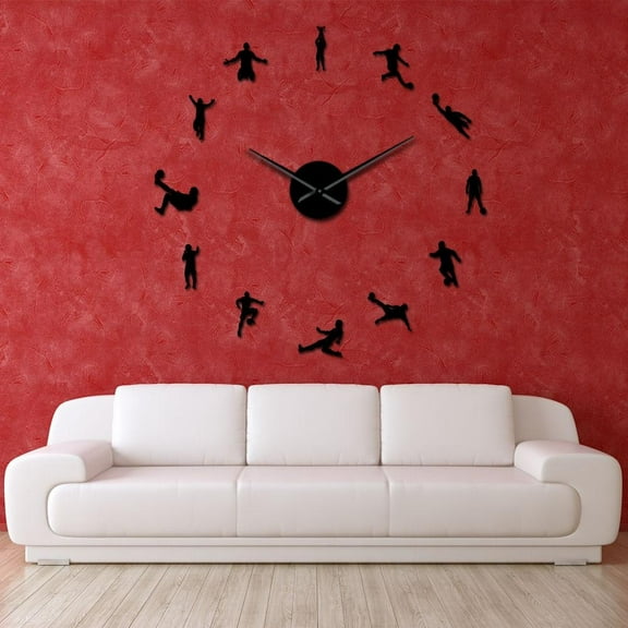 Football Players Contemporary DIY Oversized Wall Clocks Soccer Game Large Clock Watch Kids Football Fans Living Room Wall Decor(Black,27inch)