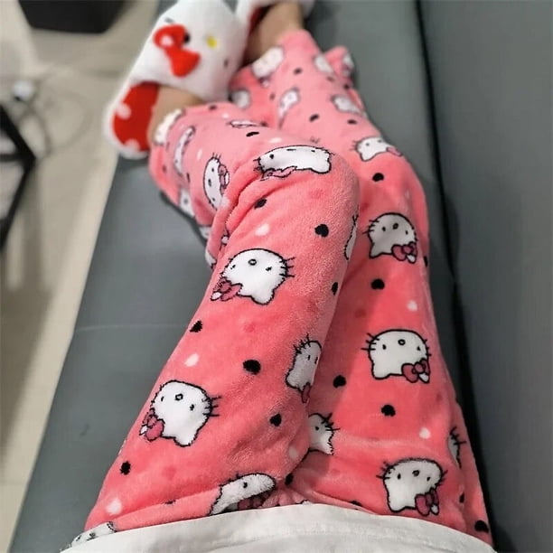 Pantalones de pijama de lana de Hello Kitty para mujer, calzas suaves de dibujos animados de Anime Sanrio de Navidad, pantalones casuales para el hogar, regalo de cumpleaños Kawaii