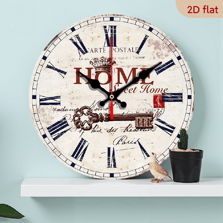 A 10-inch 2D flat wooden round wall clock, themed Paris vintage key. Suitable for bedroom, living room, office decoration. Can be a gift for various festivals.