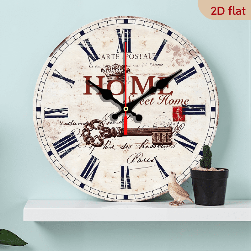 A 10-inch 2D flat wooden round wall clock, themed Paris vintage key. Suitable for bedroom, living room, office decoration. Can be a gift for various festivals.