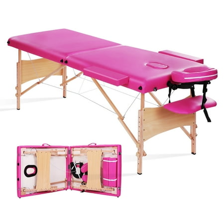 Naipo Massage Table Portable Massage Bed Pink Lash Bed Spa Bed Adjustable Height 2 Folding Wood Maximum Weight 496LB Carry Case