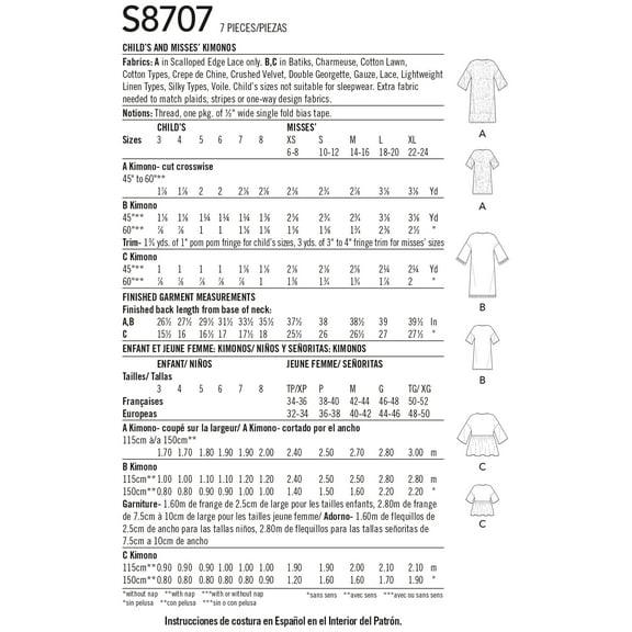 Child's and Misses' Kimonos-3-8/XS-XL