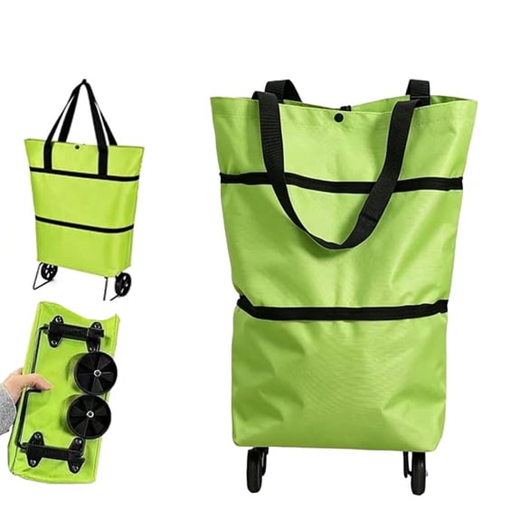2-in-1 Foldable Shopping Bag with Wheels, Collapsible Grocery Cart, Carry-or-roll Design, Collapsible Wheel Base, Zippered Expansion, Reusable Bag for Groceries and Travel