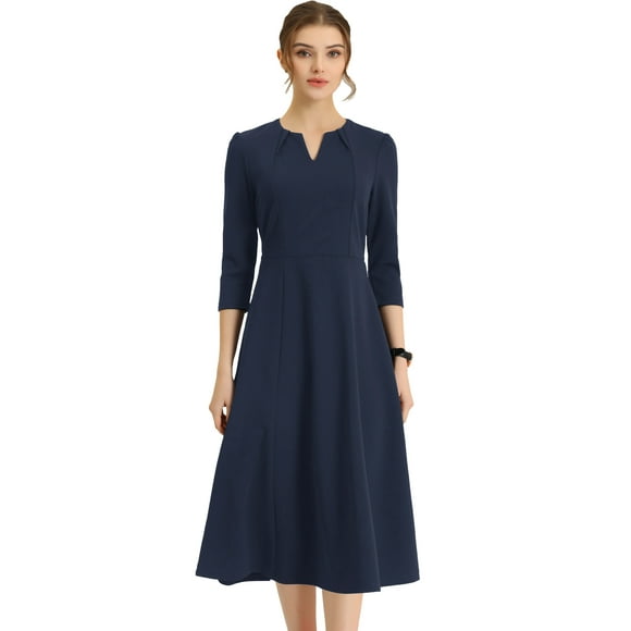 Vestido elegante de mujer con cuello en V, bolsillos, manga 3/4, trabajo, línea A Azul Marino M