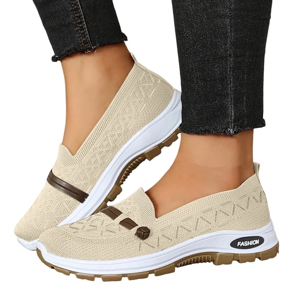 Walking Shoes Women Breathable Knit Mesh Loafers Nonslip Soft Sole Casual Sneakers Slip on Flat Shoes White Size 7