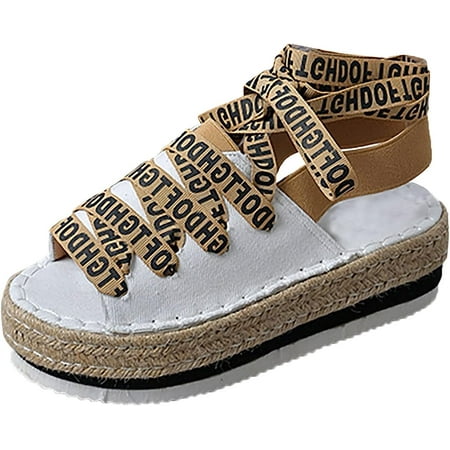 

Ankle Strap Sandals Women Dressy Summer Flat Open Round Toe Elastic Ankle Band Letter Print Lace Up Espadrille Thick Sole Comfortable Dressy Casual Shoes