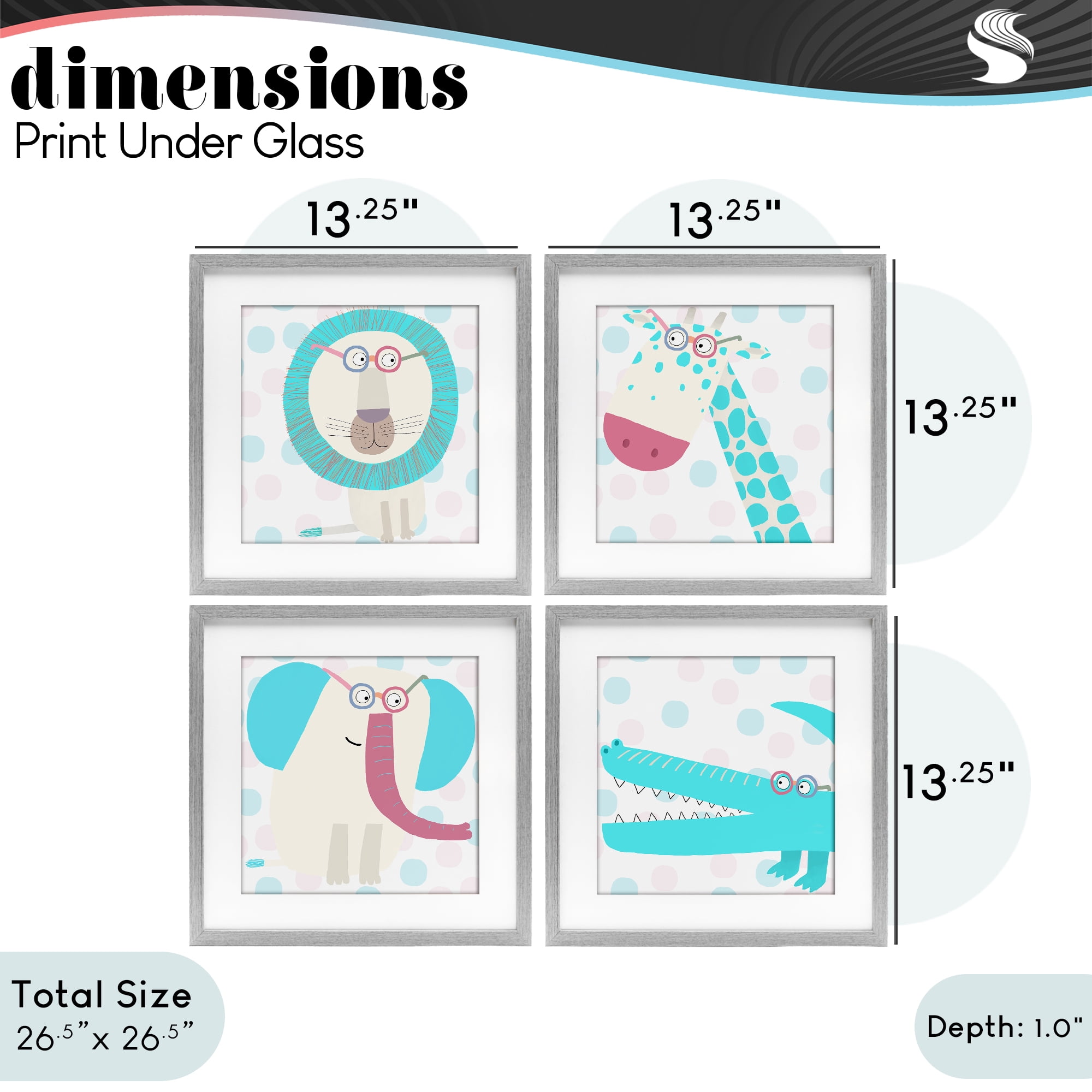 Stupell Industries Electric Blue Wild Animals 4 Piece Gray Framed Print Under Glass Set, design by Carla Daly