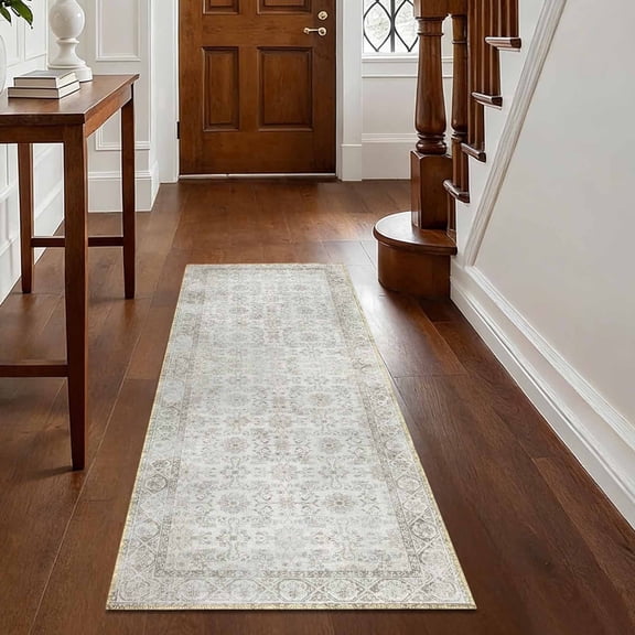 Washable Runner Rug 60"x22" Non-Slip Low Profile Soft, Farmhouse Distressed Microfiber Rug for Kitchen, Entryway, Hallway, Laundry, Beige