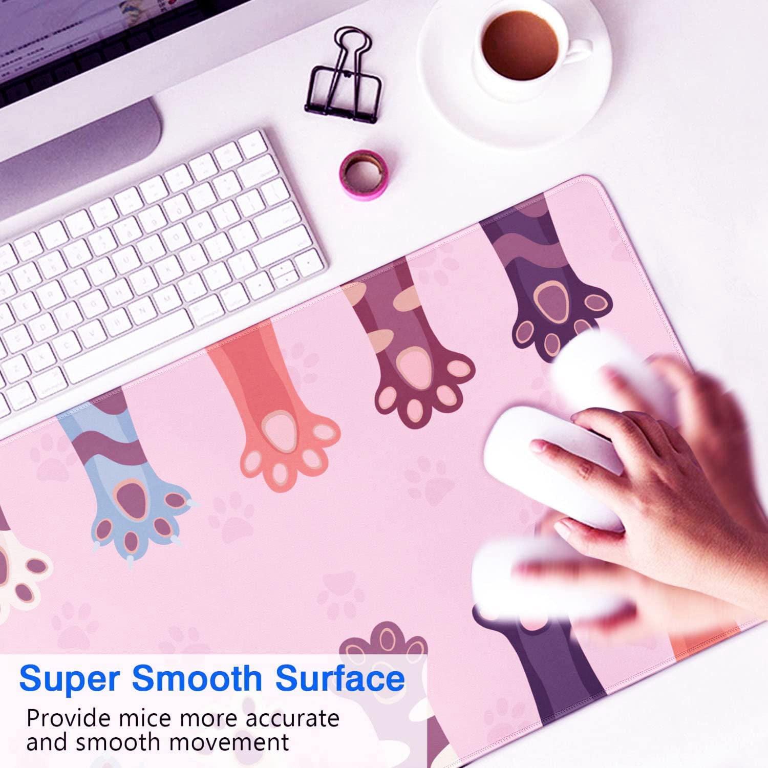 31.5x15.7in Mouse Pad Large Cute Kawaii Cat Paw Gaming Computer Desk Pink Mouse Pad No Slip Rubber Base Extended Desktop Mousepads Desk Decor Accessories for Office Work Home Writing Game