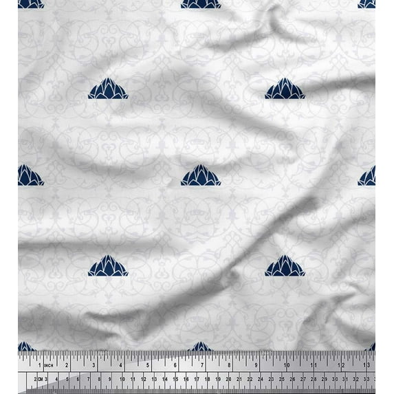 Soimoi Blue Modal Satin Fabric Damask & Lotus Temple Architectural Print Fabric by the Yard 42 Inch Wide