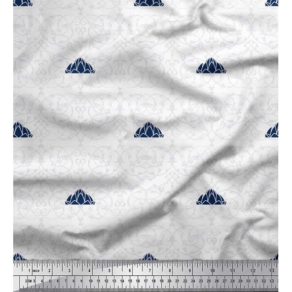 Soimoi Blue Rayon Fabric Damask & Lotus Temple Architectural Print Fabric by Yard 42 Inch Wide