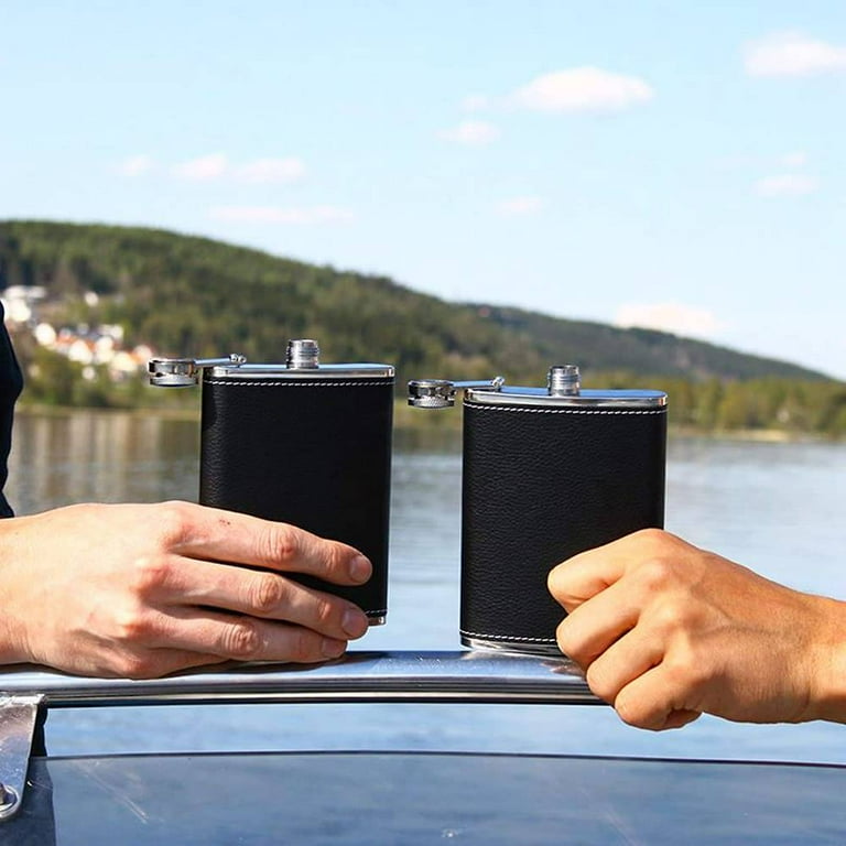 WSBArt 8 Oz Hip Flask for Liquor Black Leather Flask and Funnel, Leak Proof 18/8 Stainless Steel Pocket Flask for Men Gift