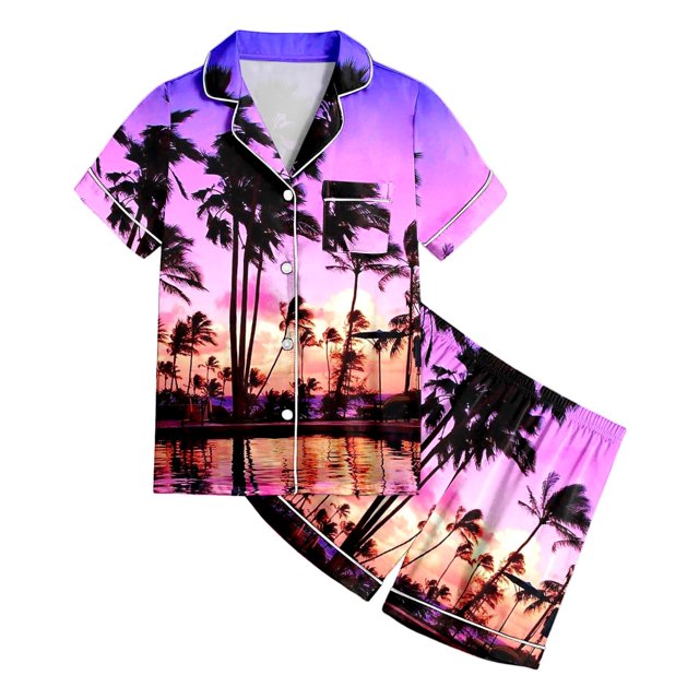 XDZJLR Tenues pour Tout-Petits Filles Pyjamas 2 Pcs pour Enfants Imprimé Graphique Chemise à Manches Courtes Boutonnée Shorts Ensembles de Pyjama Violet 8-9 Ans