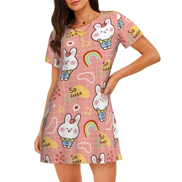 Balery Rabbit So Cute Camisón de manga corta con cuello redondo para mujer, cómodo y elegante.