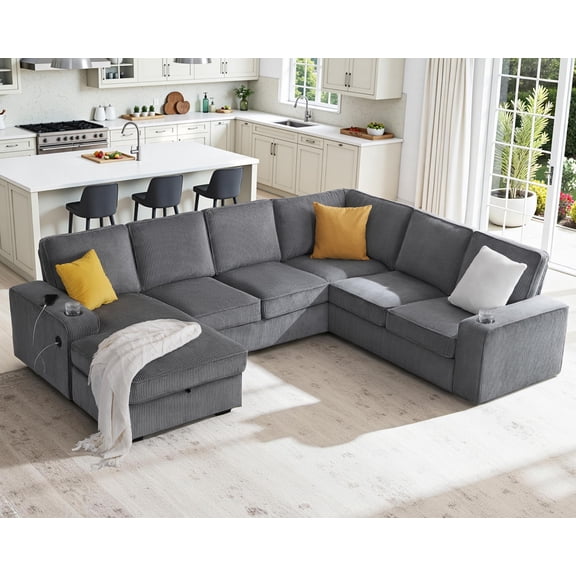 VanAcc 112" Sectional Sofa with USB Ports & Cup Holder, U Shaped Sofa Couch with Storage, Corduroy Gray