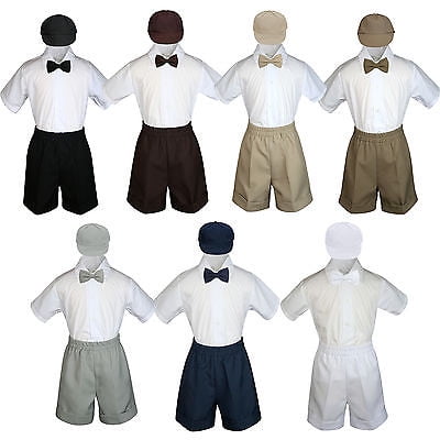 Boys Toddler Formal Vest Shorts Suits Black Navy Brown Bow Tie Hat 4pc Set S-4T