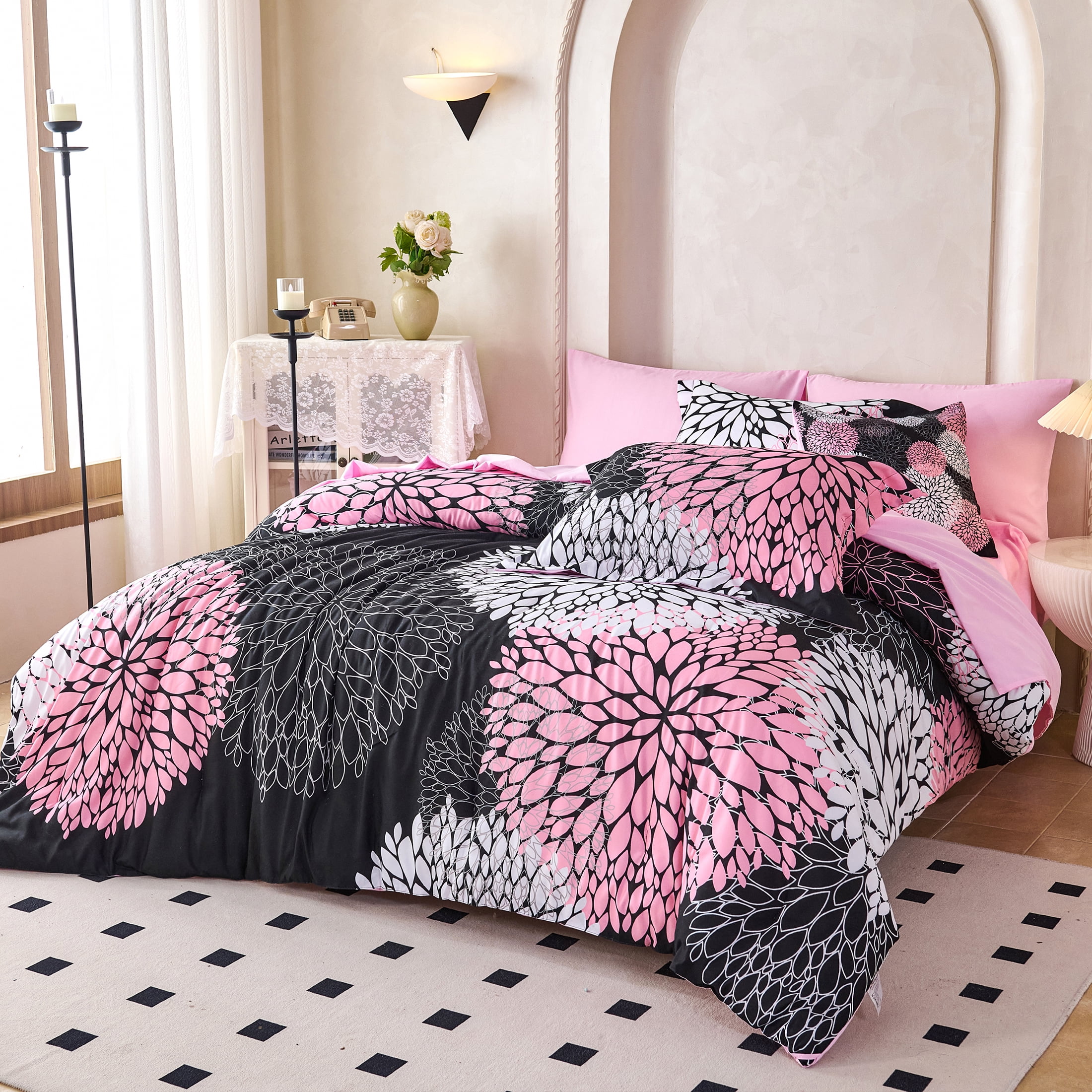 Koniroom 8 Pieces Black and Pink Floral Comforter Set Queen Size, Cute Flower Bed in a Bag with Sheets, Pillowcases, Shams, and Decorative Pillow Cover for Teen Girls and Women