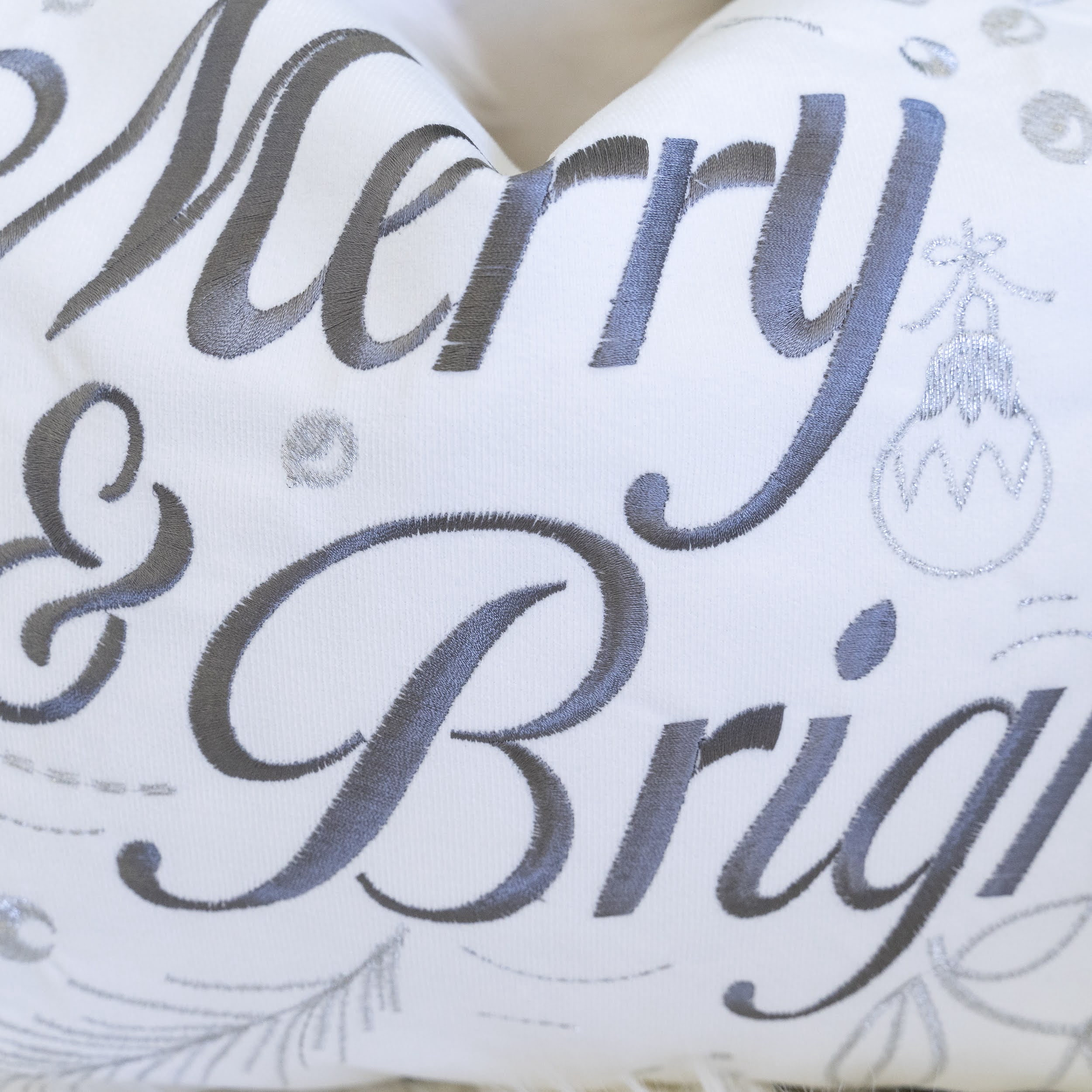 Velvet Merry and Bright Embroidered Throw Pillow 14x20 Inch Silver Script Holiday Decor
