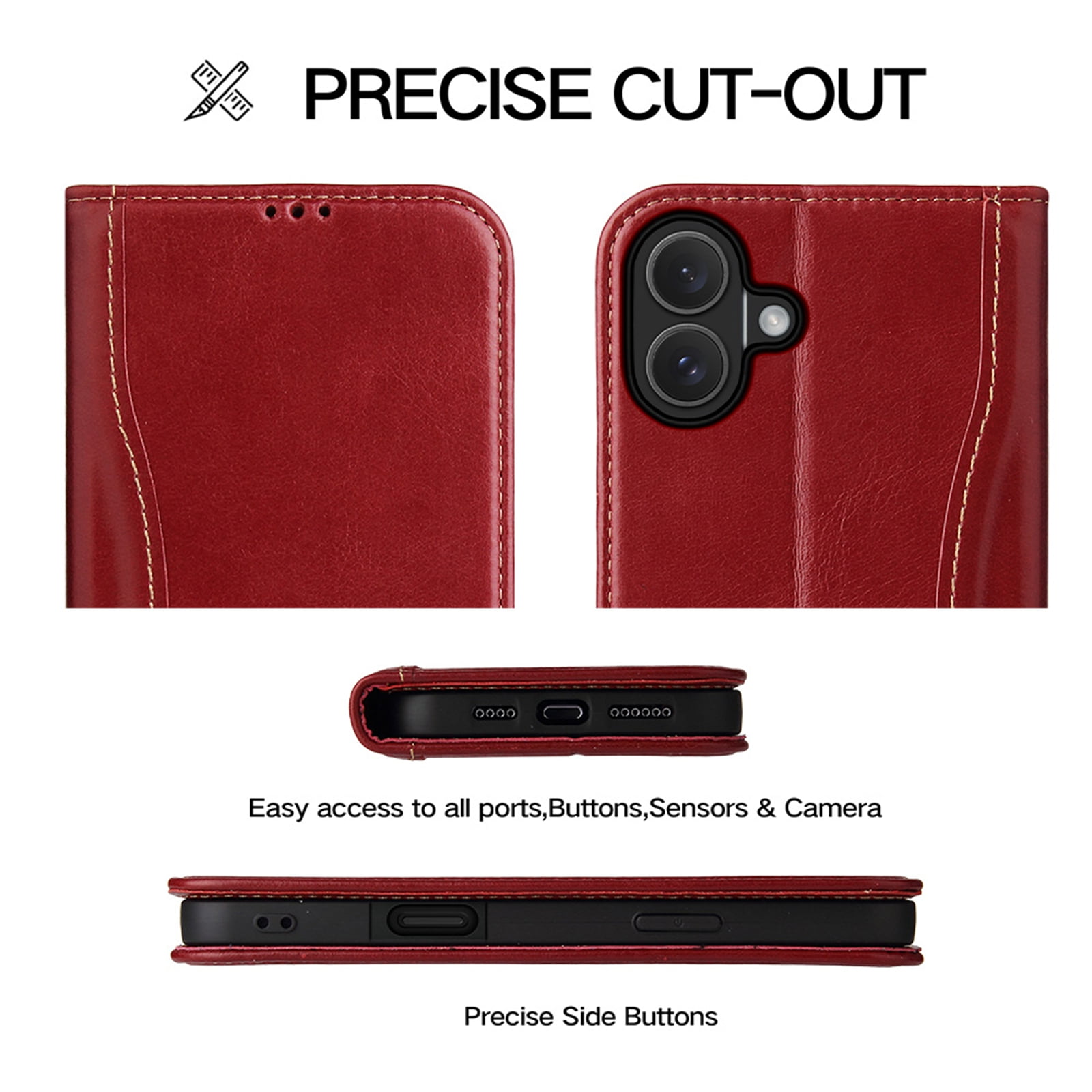 TECH CIRCLE for iPhone 17 Classic Wallet Case, Genuine Leather Magnetic Closure Book Folding Flip Leather Case with Card Holder Kickstand TPU Shockproof Protective Phone Cover,Red
