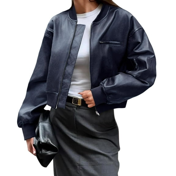 Womens Faux Leather Bomber Jackets Baseball Collar Zip Up Cropped Biker Coat with Pockets