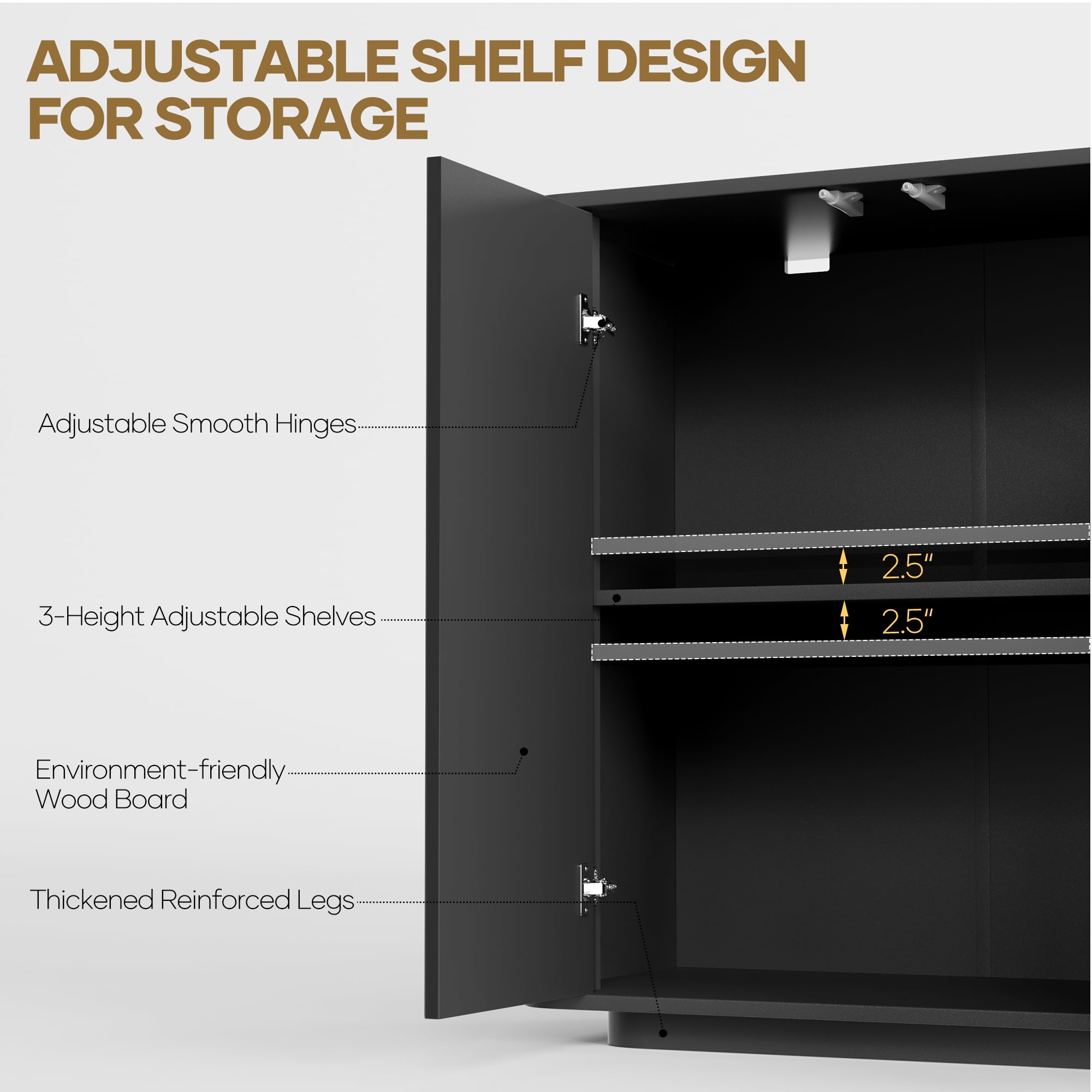 MARNUR Sideboard Buffet Cabinet, Storage Cabinet 55"W with Adjustable Shelves, Anti-Tip, Easy Clean Top, Stylish Wave Style, Black