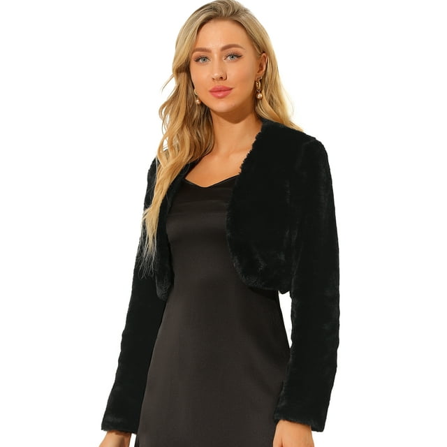 INSPIRE CHIC Women's Cropped Collarless Long Sleeve Faux Fur Open Front Coat