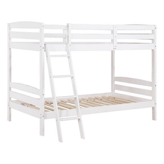 Hina Twin Bunk Bed- Angled Ladder- Sturdy Slat Design- White Solid Wood