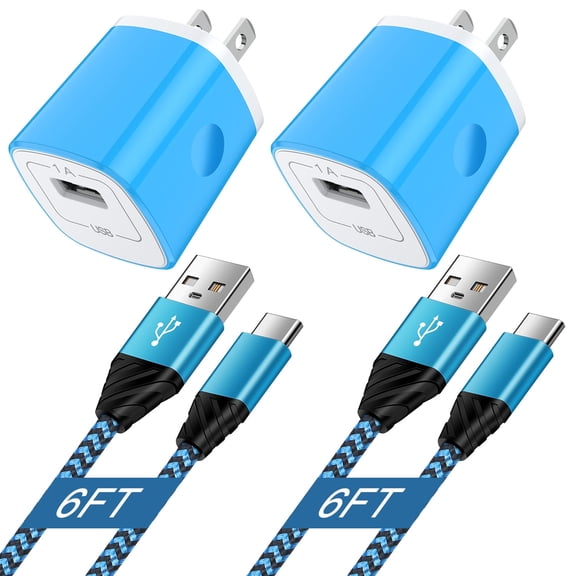 Type C Charger Block 2 Pack, Andhot Wall Charger Adapter with USB to USB C Charging Cable 6FT, Type C Charger Plug USB Brick Cube Power Station Fast Charging Box Compatible for Samsung Android,Blue