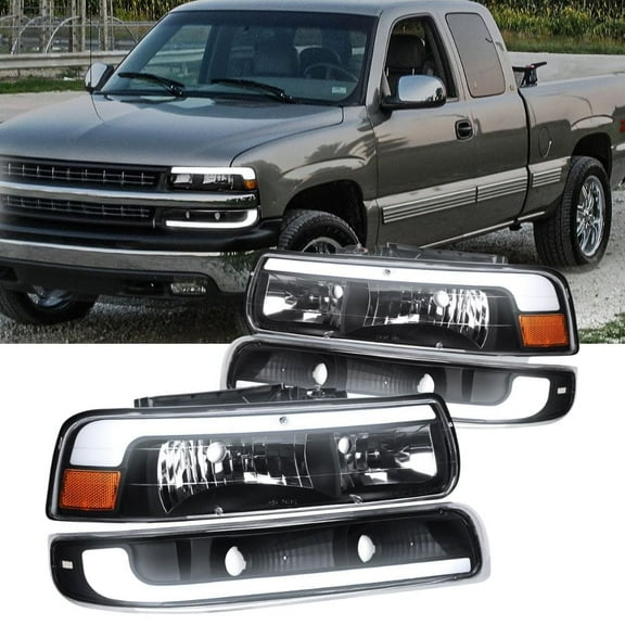 Nilight LED DRL Headlight Assembly for 1999 2000 2001 2002 Chevy Silverado 1500 1500HD 2500 2500HD 3500 Chevrolet Tahoe Suburban Replacement Headlamp Clean Lens Black Housing Amber Bumper Lights Set