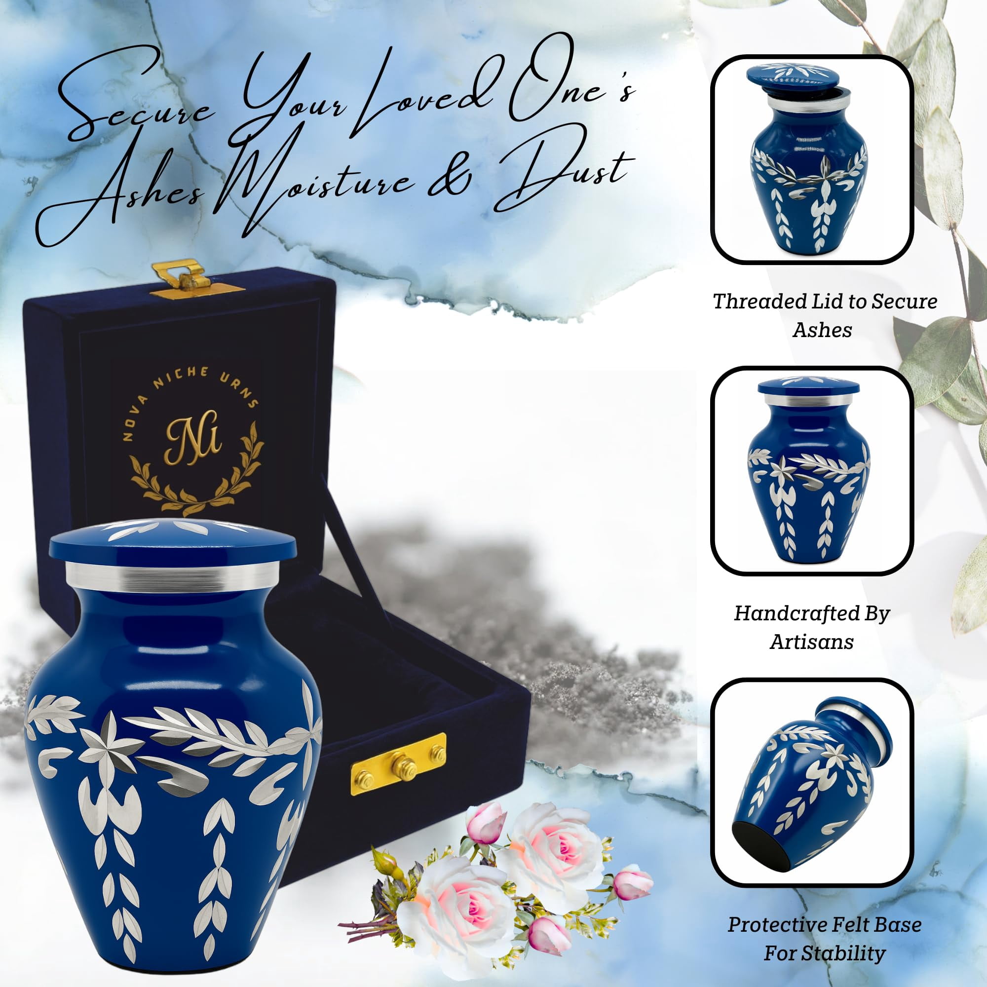 Nova Niche Dark Blue Small Cremation Urn for Human Ashes – Handicrafted Memorial Keepsake with Velvet Box.(3"cu.in)