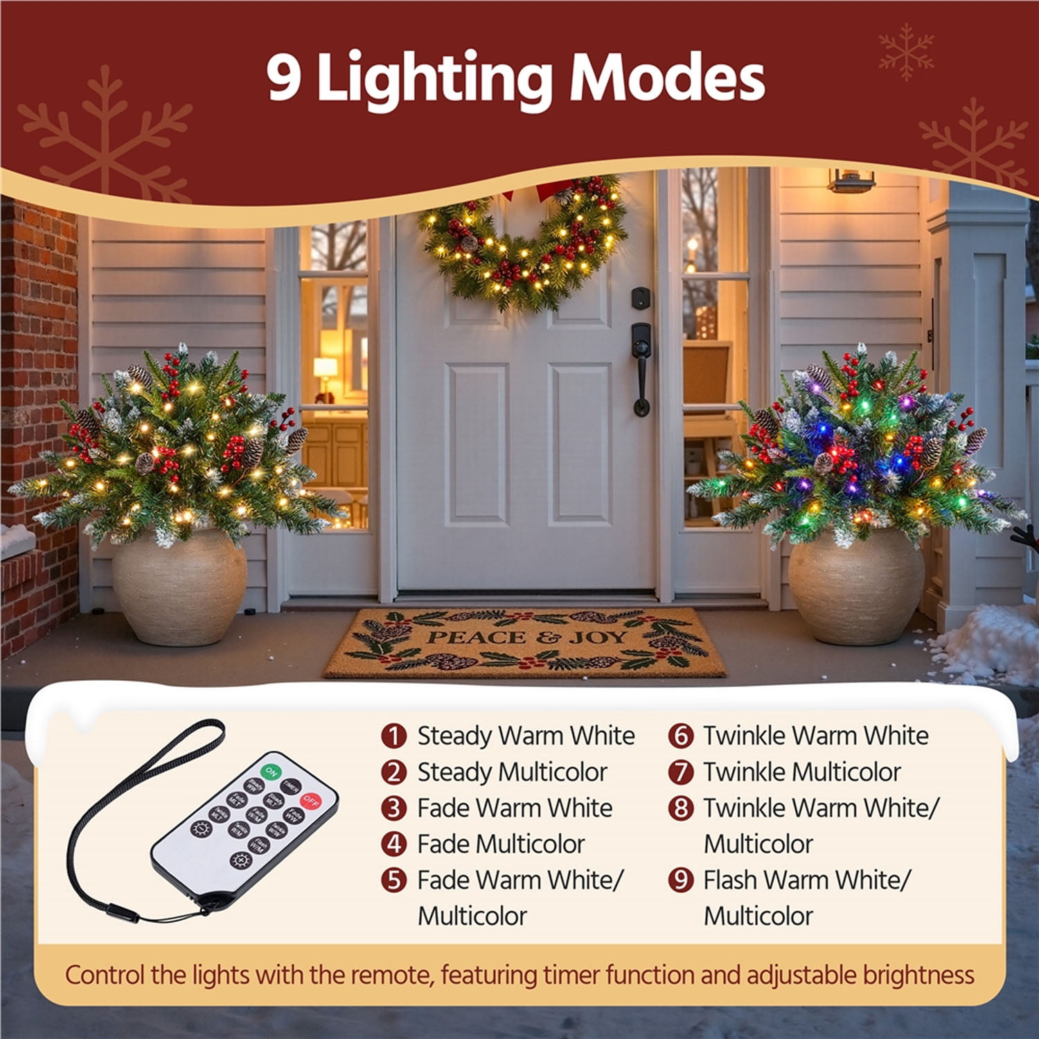 Alden Design Set of 2 Pre-Lit Outdoor Frosted Christmas Trees with LED Lights, Red Berries, Pinecones, Artificial Christmas Trees for Porch, Yard, Green