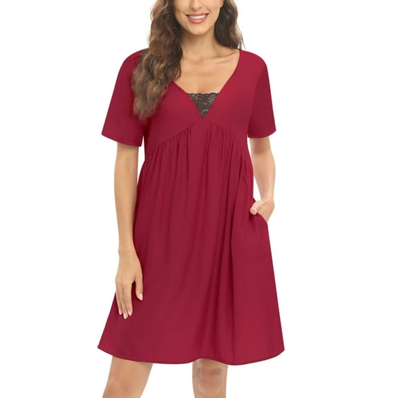 WBQ Women's Nightgowns V-neck Sleepwear Sleepshirts Sexy Lace Neck Pajama Shirts Short Sleeve Solid Nightdress Homewear,Red S-2XL