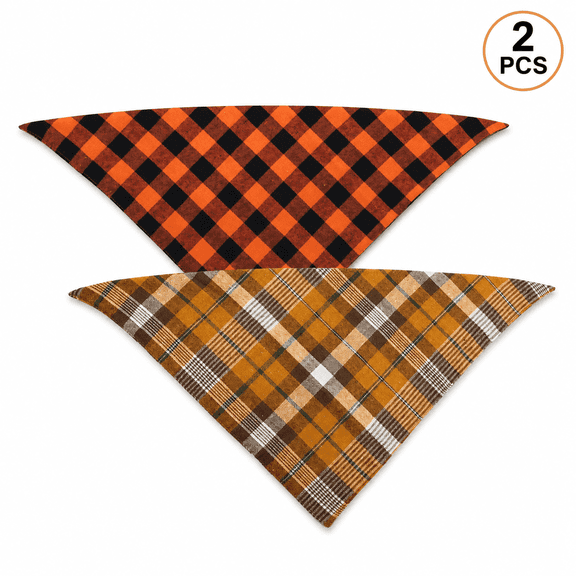 Fall Dog Bandana Thanksgiving Autumn Pet Bandana Orange Plaid Reversible Triangle Bibs Scarf Accessories for Dogs Cats Pets 2 Pack